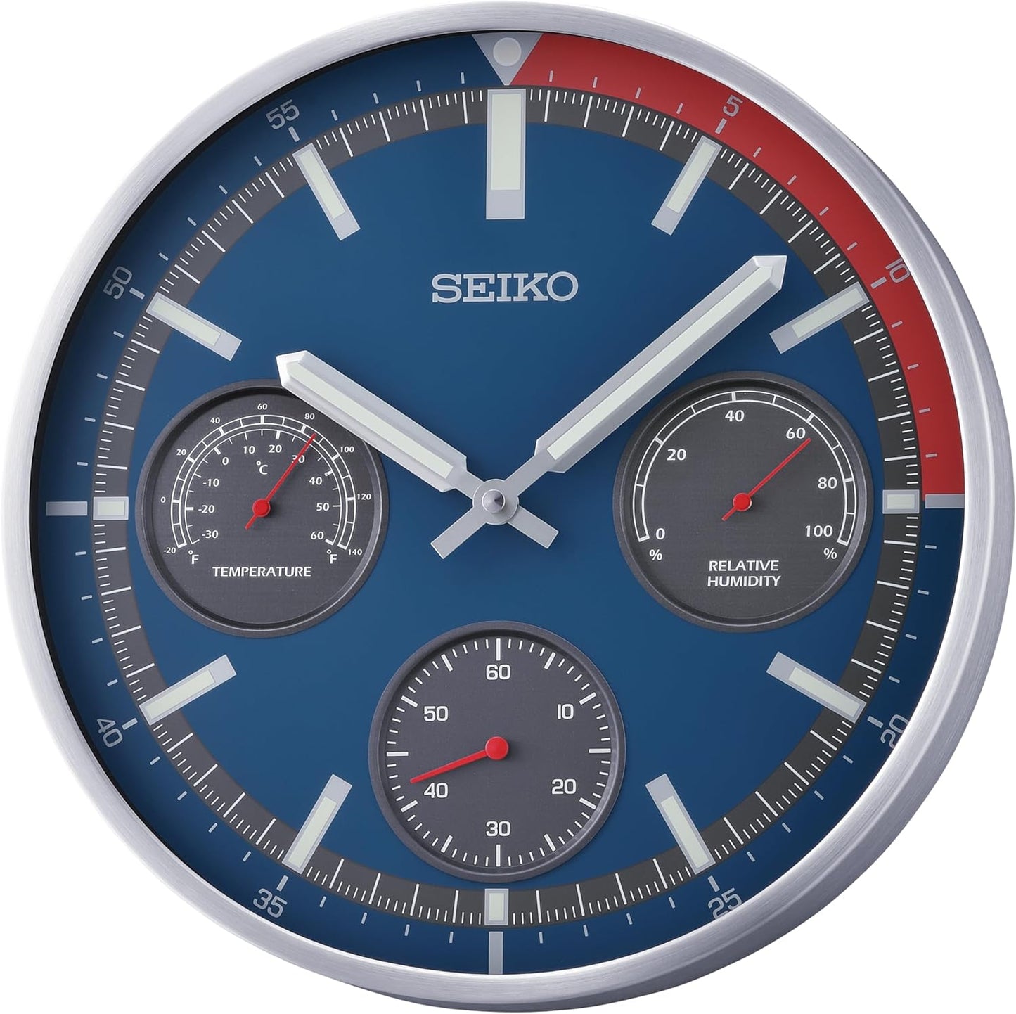 QXA822S - Reloj de Pared Seiko / Azul Metálico con Termómetro, Higrómetro y Segundero Silencioso