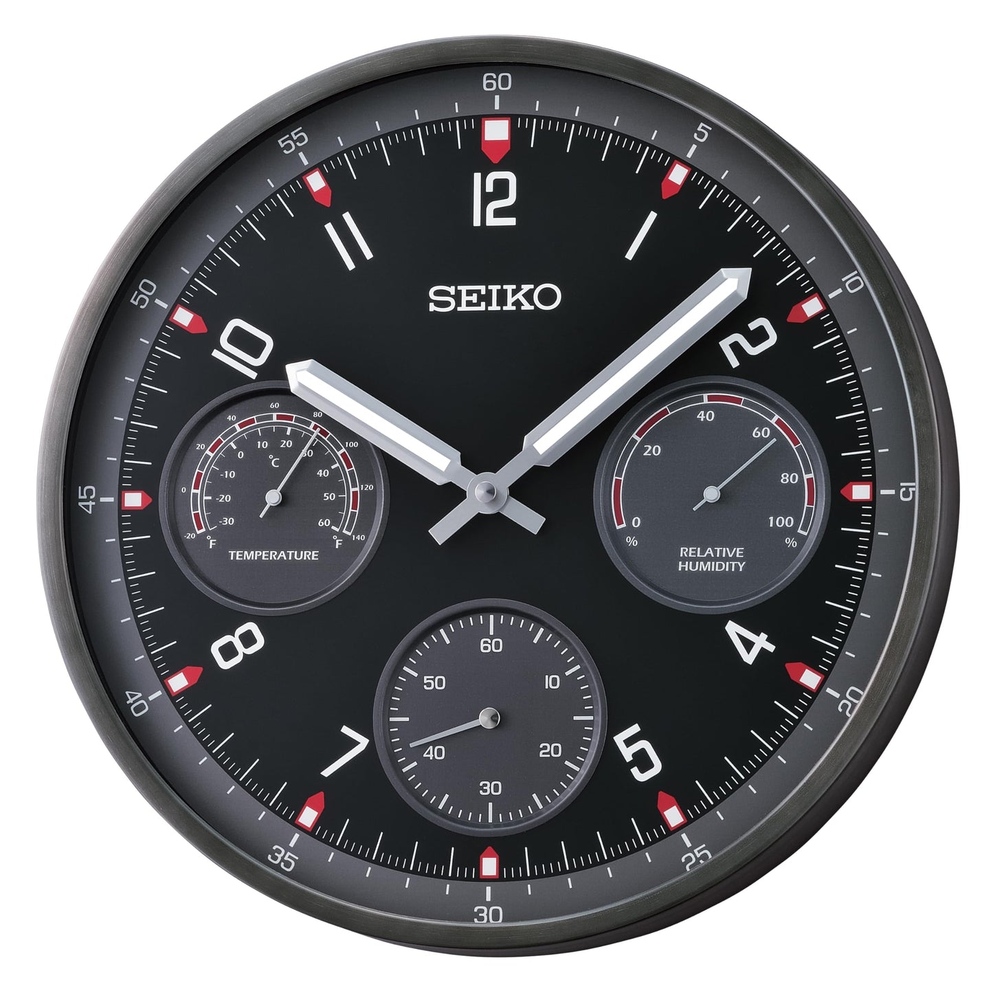 QXA823K –  Reloj de Pared Seiko / Negro con Termómetro, Higrómetro y Segundero Sub‑Minutos